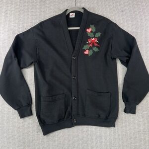 Vintage Jerzees Woman Black Floral Christmas Embroidered Cardigan Sweater